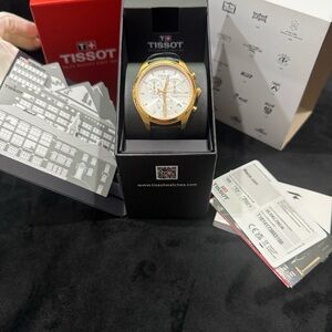 Tissot PR100 Chronograph Gold Tone Watch Men’s Swiss Quartz Navy Leather Fullset